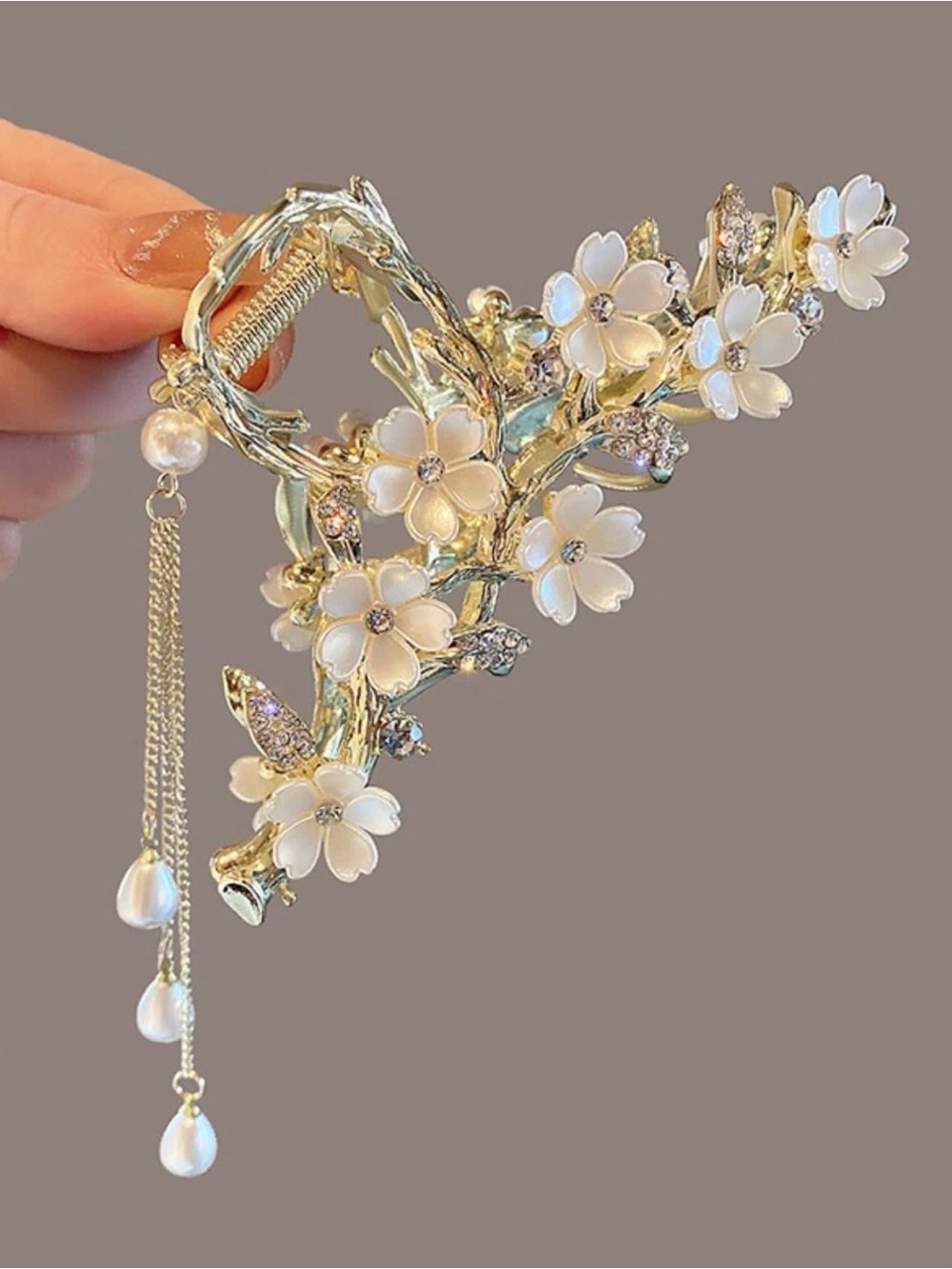 Gold Floral Pearl Drop Hair Clip - Elegant White Flower Accent